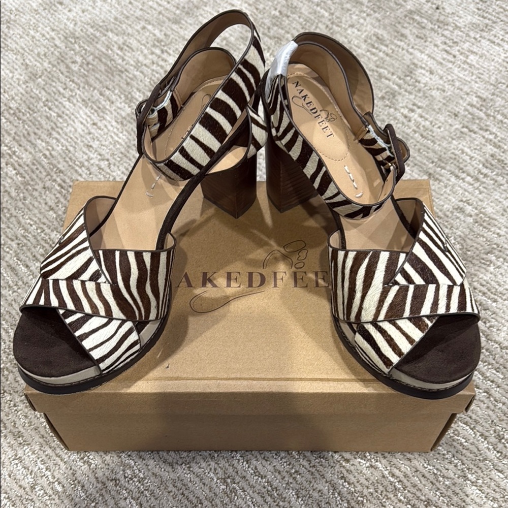 BNIB Naked Feet Zebra Print Women's Sandals Pony Hair Brown & Cream Size 10